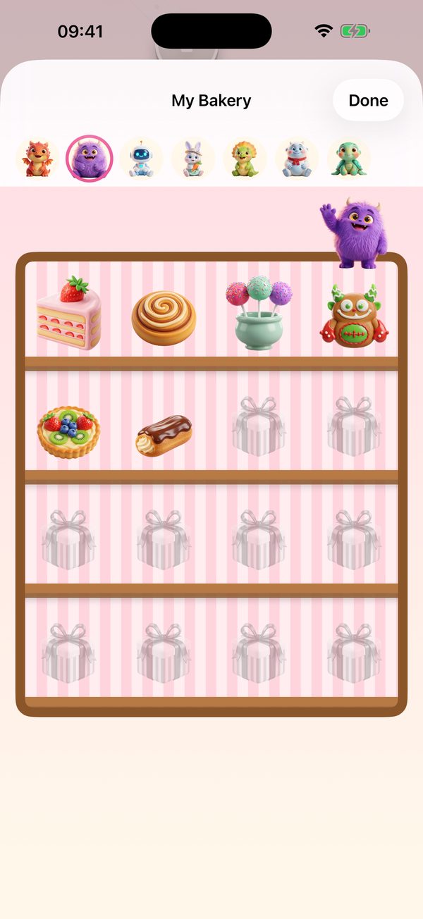 My Bakery: treats standing on wooden shelves, with Mochi peeking over the top